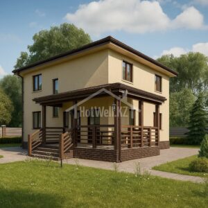 Two-story beige house with wooden porch, tiled roof, lawn, trees, and paved garden paths.