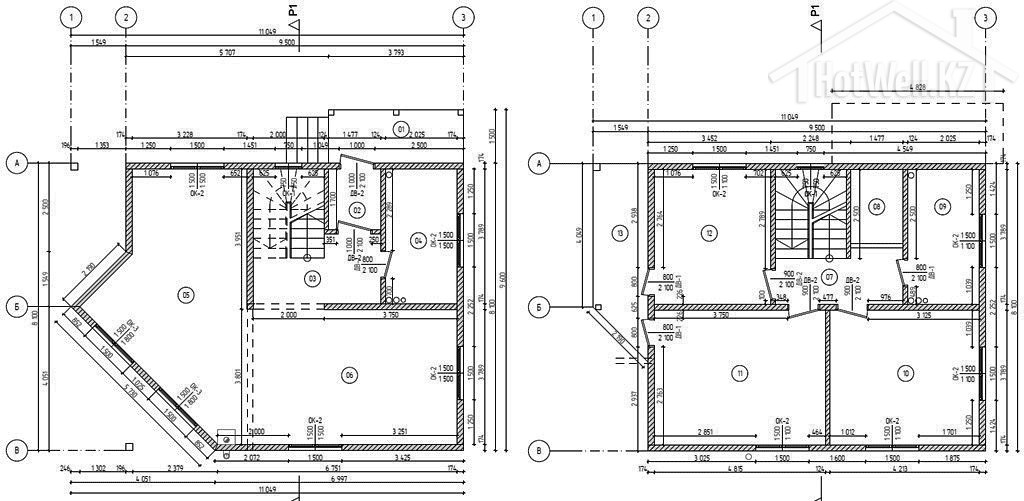 Two black-and-white architectural floor plans with room layouts, stairs, walls, and dimensions.