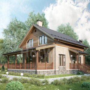 Two-story wooden cottage with dark roof, porch, stone foundation, and landscaped garden.