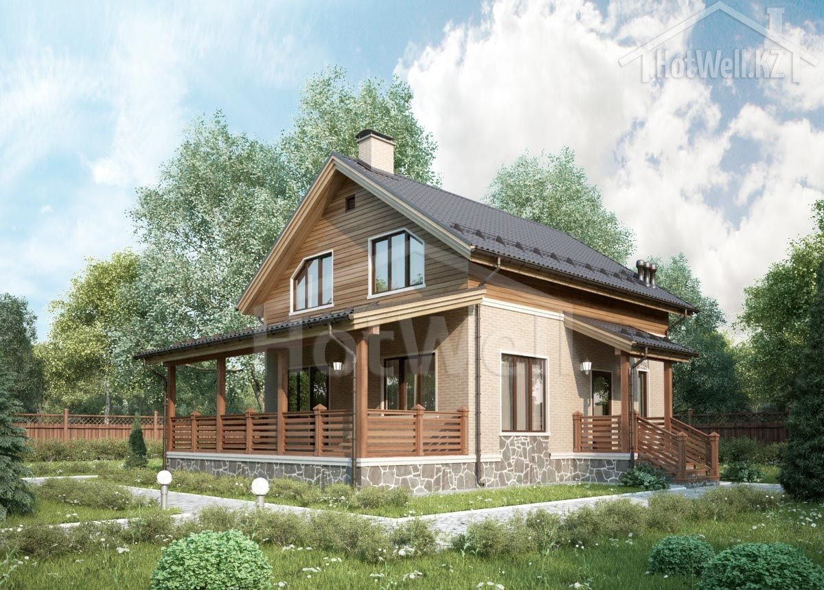 Two-story wooden cottage with dark roof, porch, stone foundation, and landscaped garden.