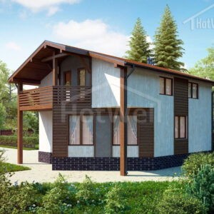 Modern two-story house with wood siding, balcony, large windows, and landscaped garden.