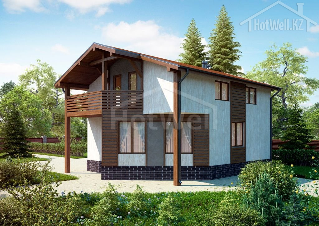 Modern two-story house with wood siding, balcony, large windows, and landscaped garden.